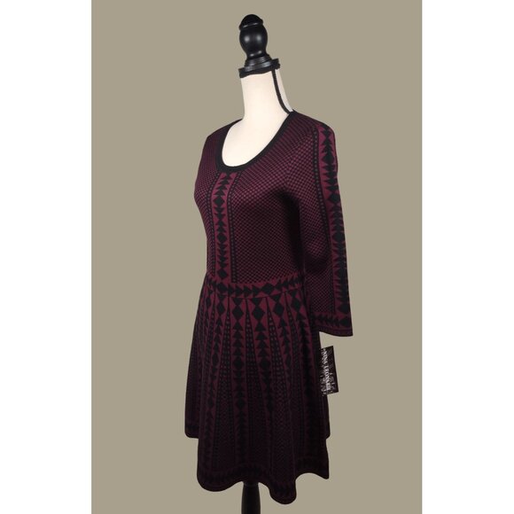 Nina Leonard Wine and Black Fit and Flare Sweater Knit Dress Size Medium NWT - Picture 3 of 15